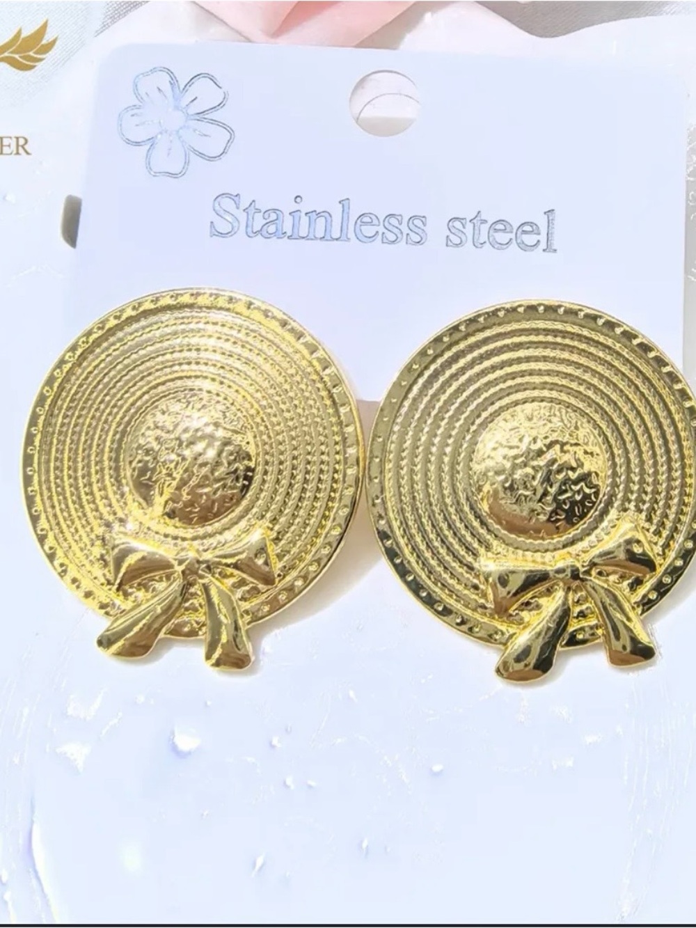 Gold Straw Hat Earrings with Bow – Stainless Steel Women’s Jewelry